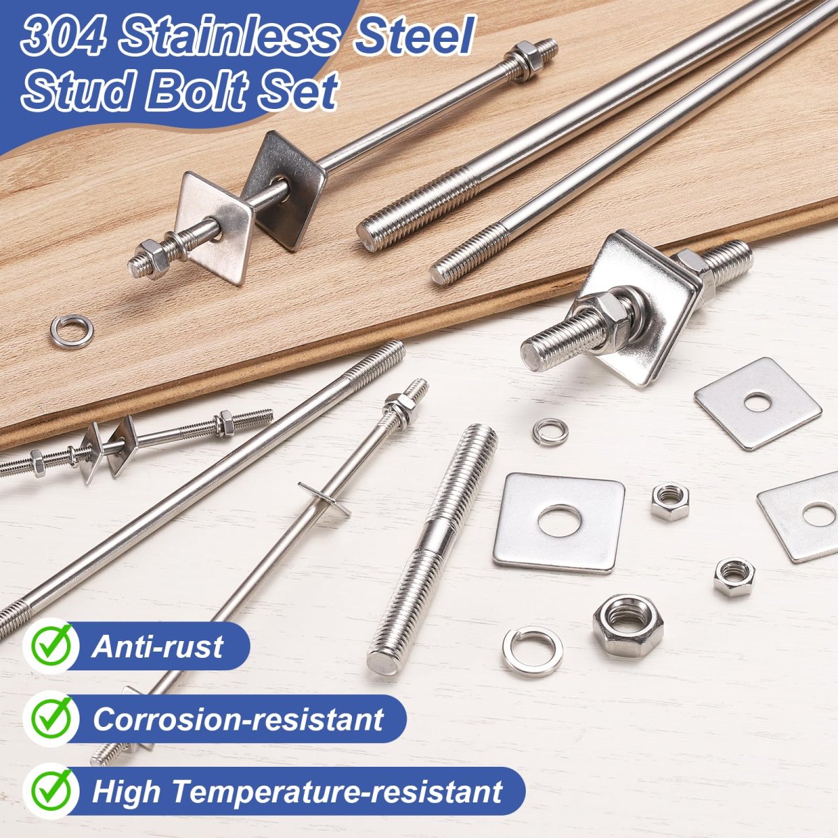 2pcs M6x500mm 304 Stainless Steel Double End Threaded Stud Screw Bolt With Nuts Square Flat Washers Spring For House