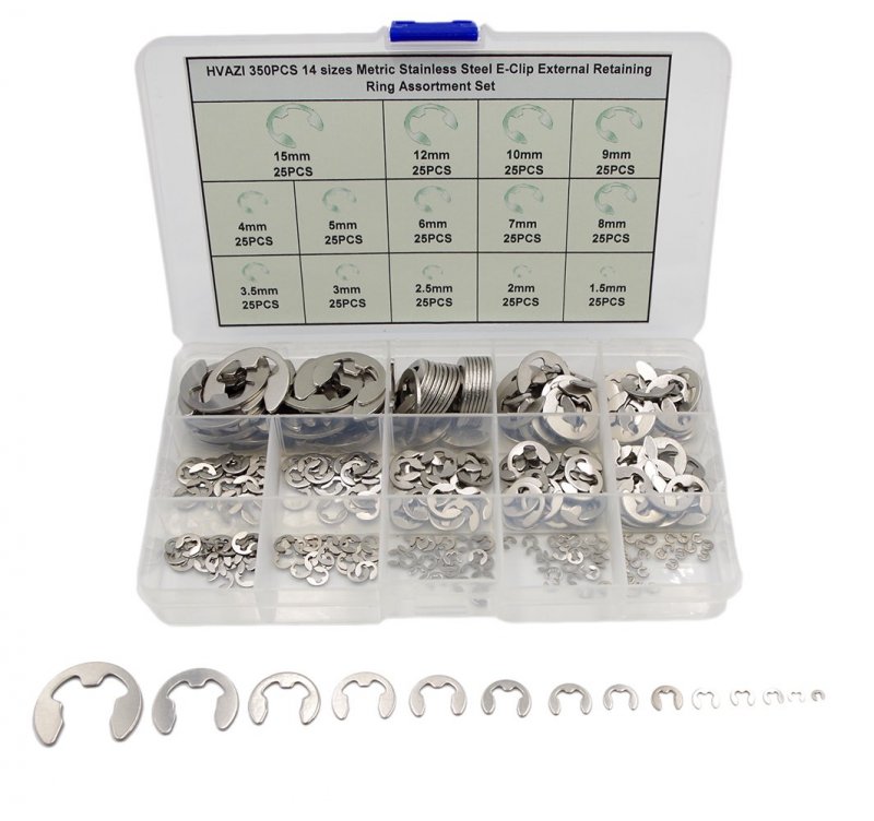 Hvazi 350pcs Stainless Steel E-clip External Retaining Ring Assortment Set