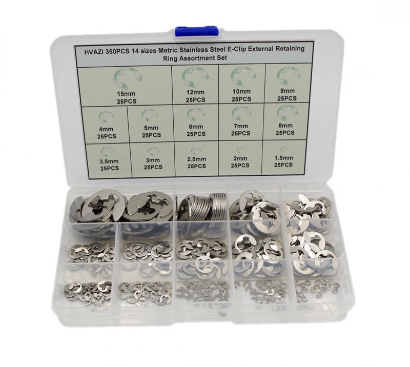 Hvazi 350pcs Stainless Steel E-clip External Retaining Ring Assortment Set