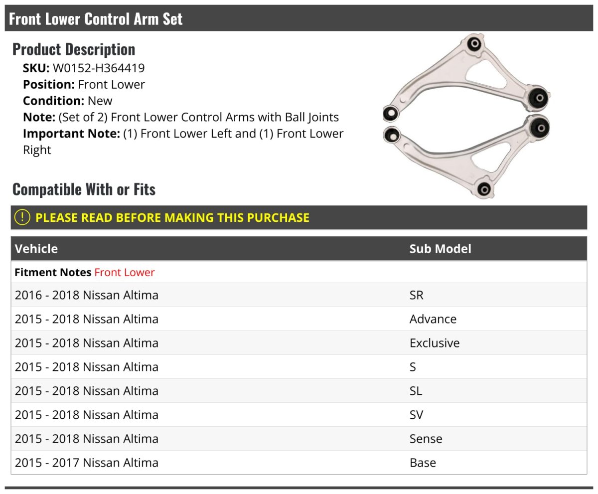 Front Lower Control Arm Set With Ball Joints For 2015 2018 Nissan Altima Of 2 Left And Right Sides Sr Sv Sl S Base Sense