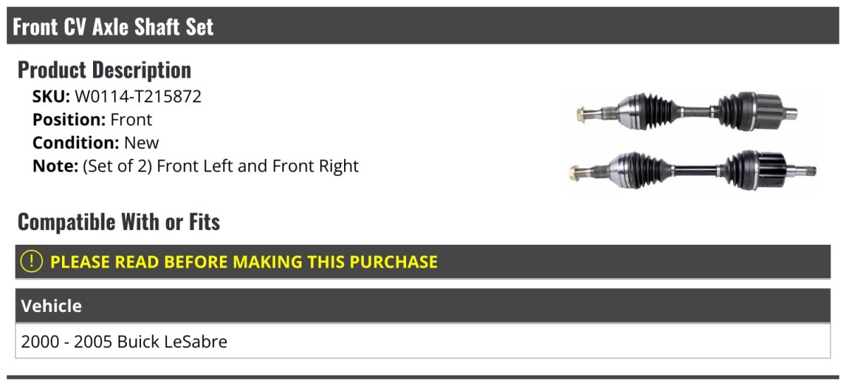 Front Cv Axle Shaft Set Of 2 For 2000 2005 Buick Lesabre Position W0114-t215872