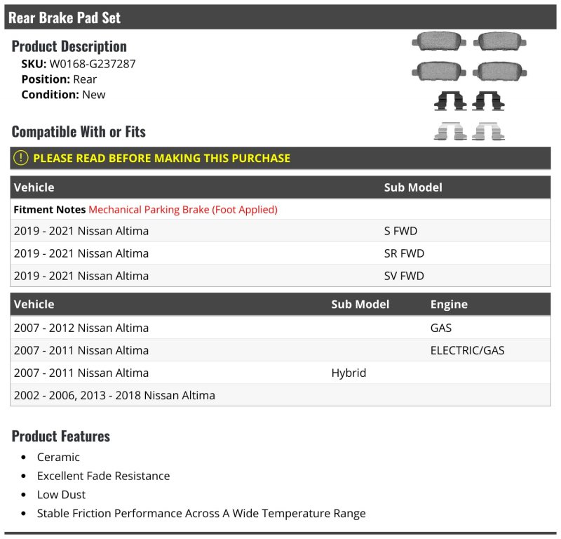 Rear Ceramic Brake Pad Set For 2002 2021 Nissan Altima Fwd With Mechanical Parking Foot Applied Low Dust And Excellent Fade