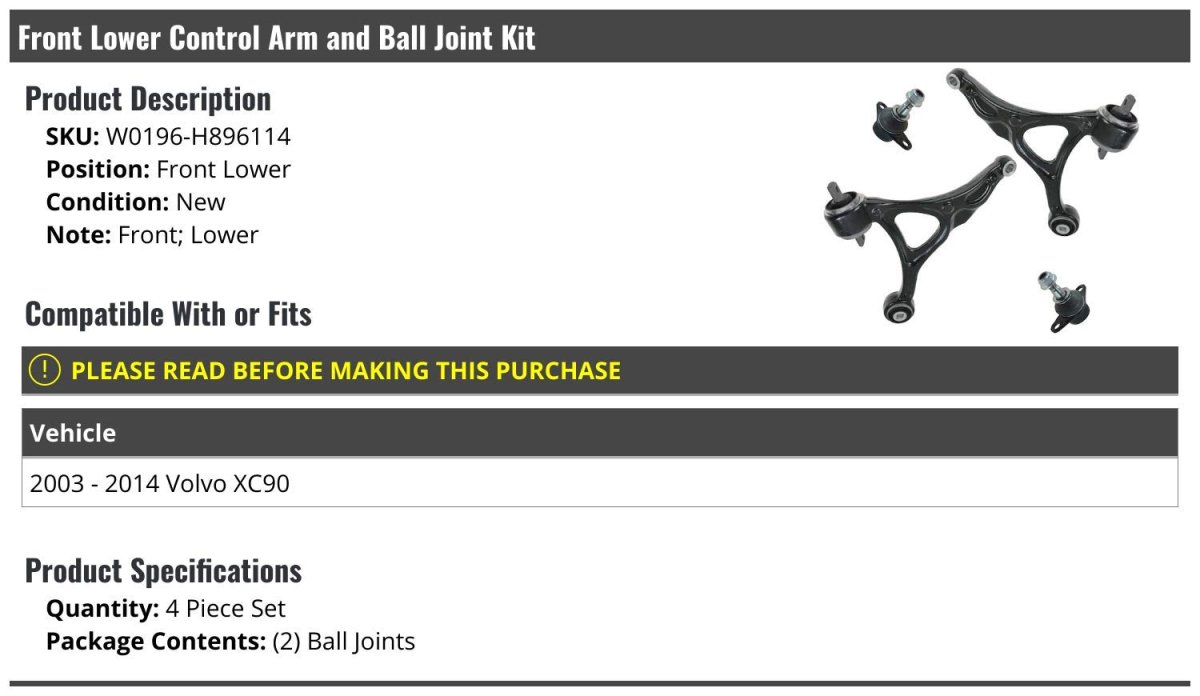 Front Lower Control Arm And Ball Joint Kit 4 Piece For 2003 To 2014 Volvo Xc90 W0196-h896114