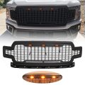 Front Bumper Upper Grille With 3 Led Lights For 2018 2019 2020 Ford F150 Matte Gray Honeycomb Mesh Raptor Style Abs Plastic 