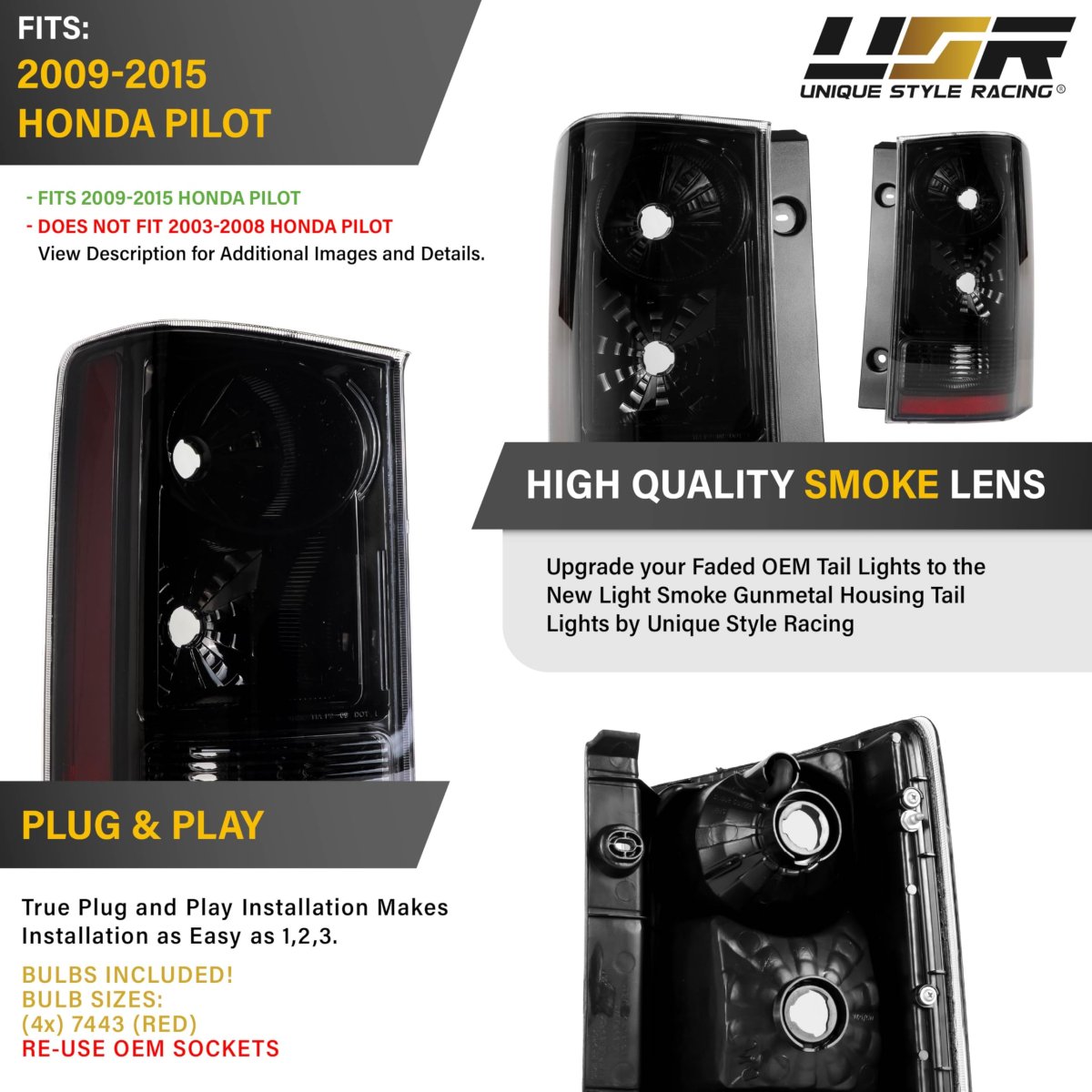 Usr 09-15 Honda Pilot Tail Lights Jdm Style Black Chrome Housing Light Shade Of Smoke Lens Rear Lamps Set Left Right For