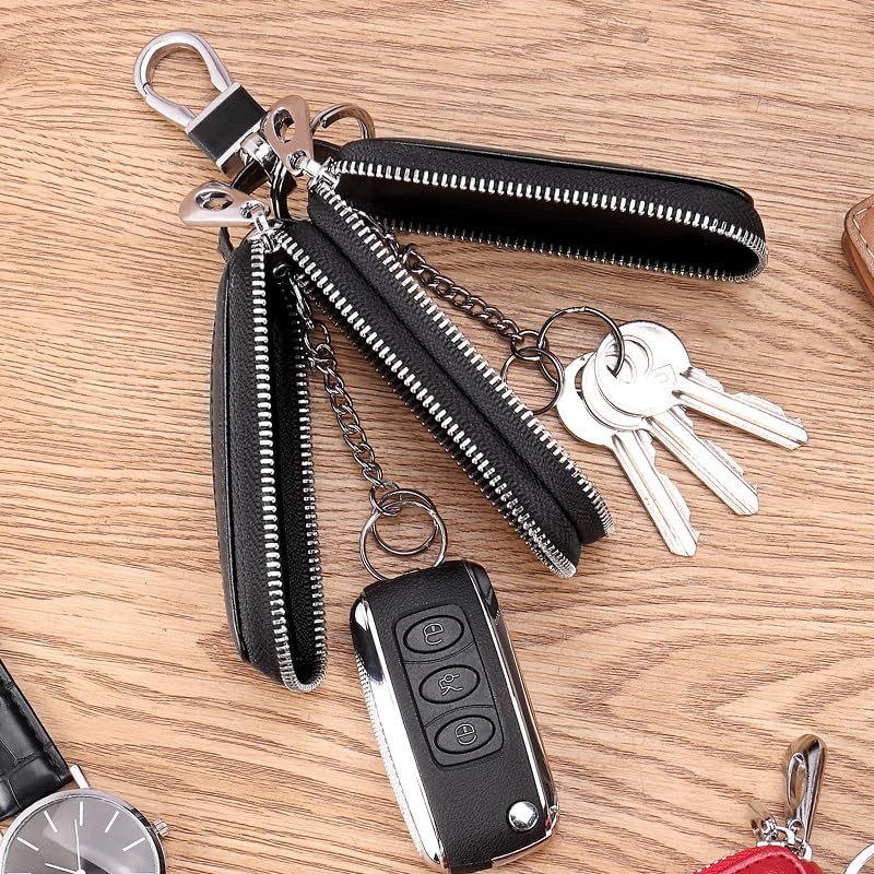Guolich Car Key Chain Bag Double Zipper Leather Protection Coin Holderring With Transparent Window For Key Remote Control Black