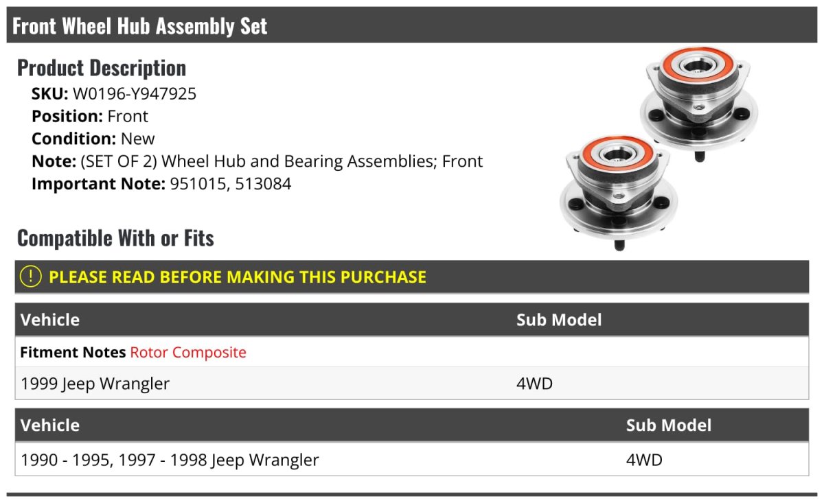 Front Wheel Bearing Hub Assembly Set Of 2 For 1990-1995 1997-1999 Jeep Wrangler 4wd