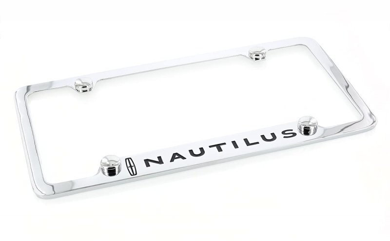 Nautilus Wordmark Chrome Plated Metal License Plate Frame Holder Polished Finish With Screw Cap Covers Universal Fit For Car