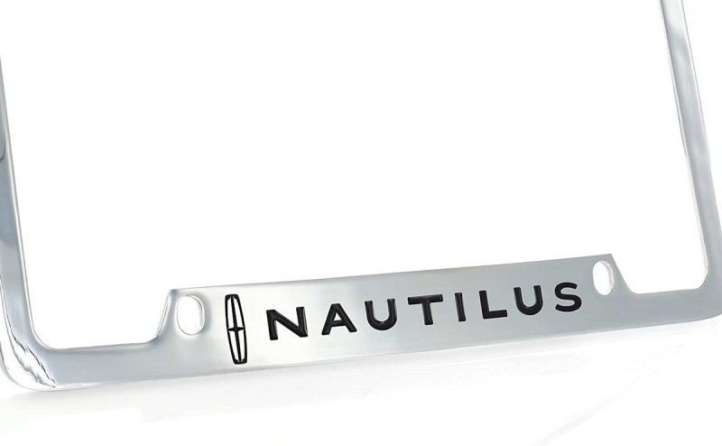 Nautilus Wordmark Chrome Plated Metal License Plate Frame Holder Polished Finish With Screw Cap Covers Universal Fit For Car
