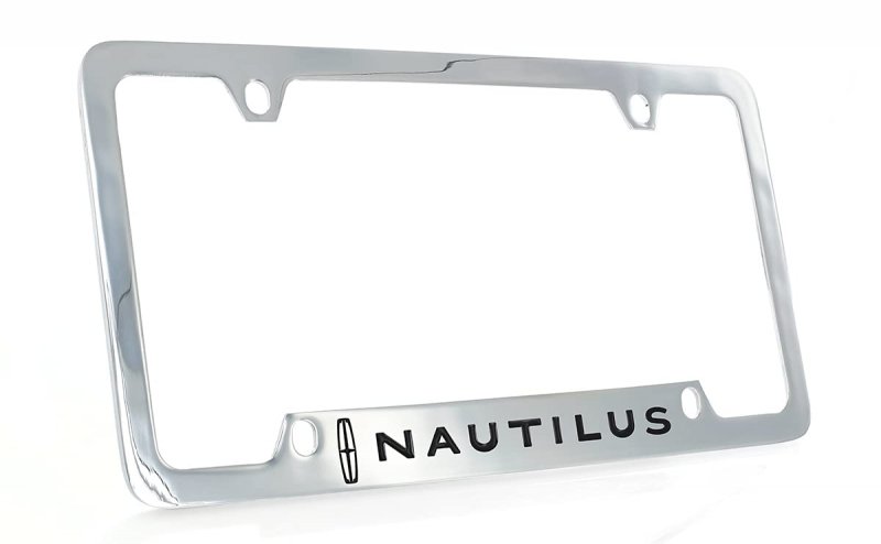 Nautilus Wordmark Chrome Plated Metal License Plate Frame Holder Polished Finish With Screw Cap Covers Universal Fit For Car