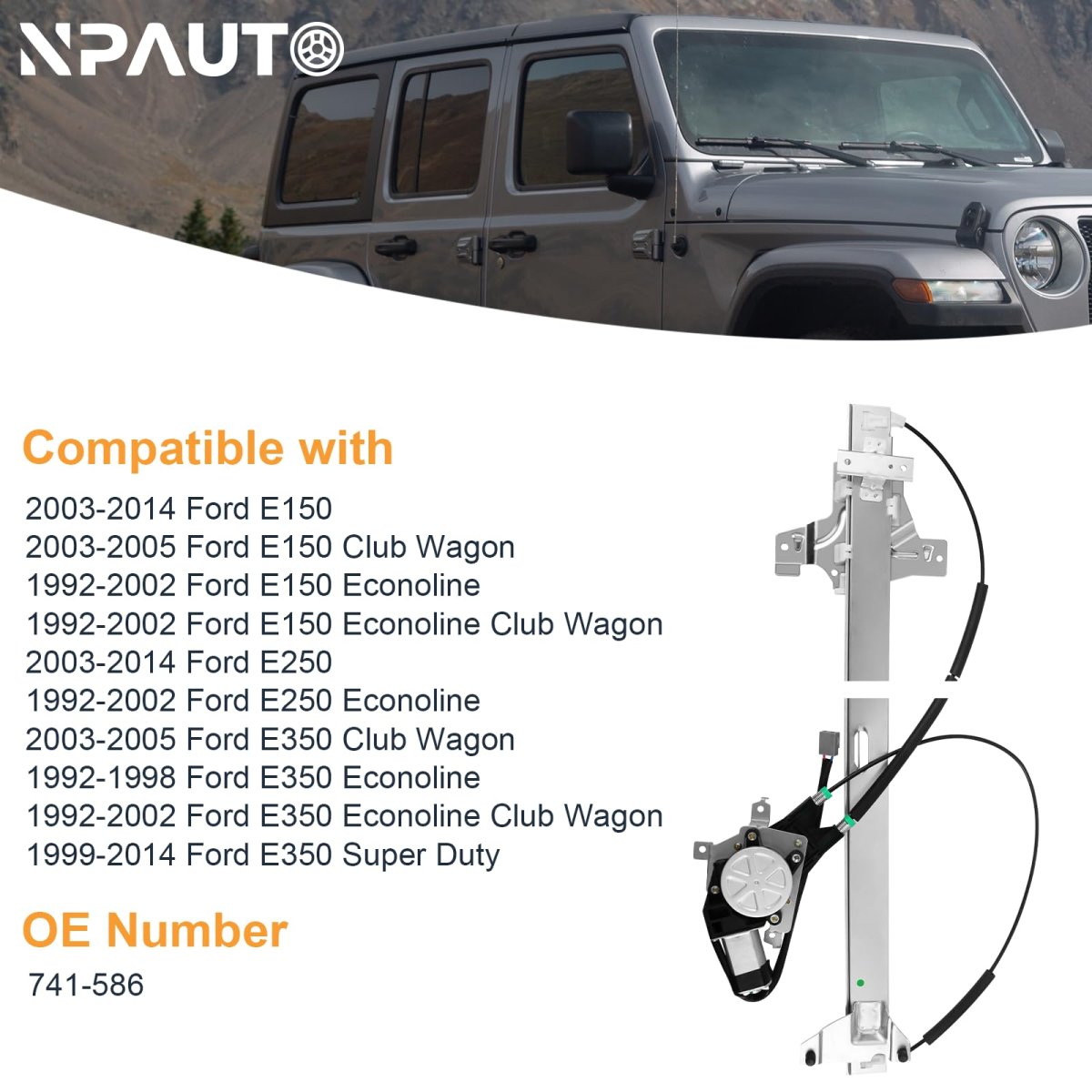 Front Driver Side Power Window Regulator With Motor For 2003-14 Ford E150 E250 1992-02 Econoline Club Wagon 1999-14 E350 Super