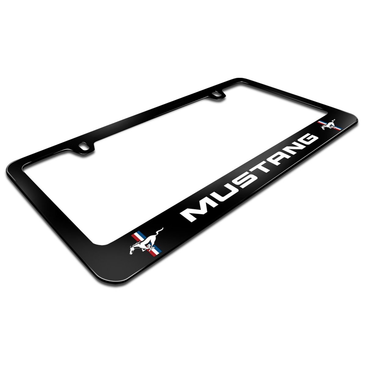 Ford Mustang Dual Logos Black Metal License Plate Frame 12in X 6in Powder Coated Zinc With Screw Covers