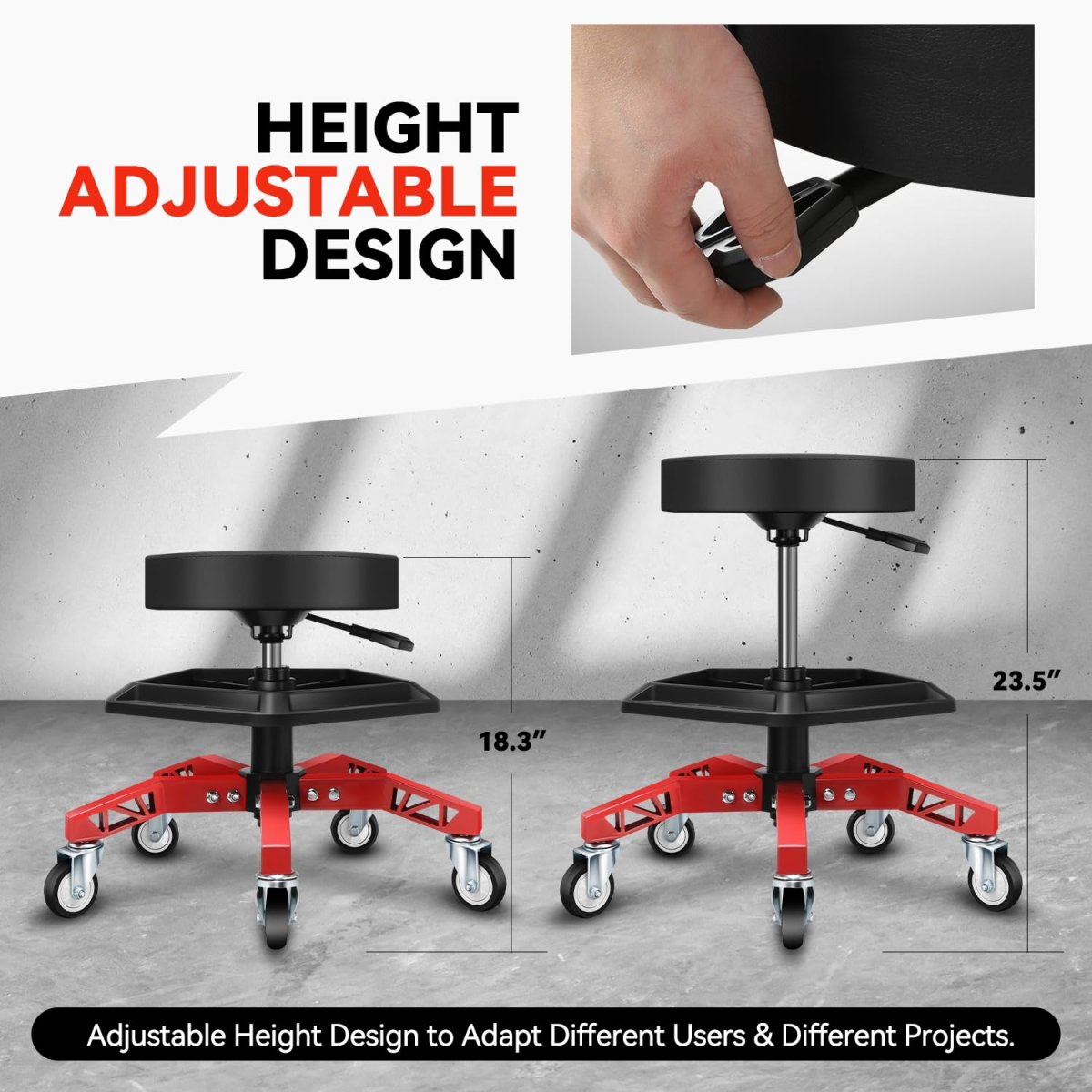Rolling Mechanic Stool With Tool Storage Tray Height Adjustable 18 3 In To 23 5 Heavy Duty Padded Seat Roller Creeper For