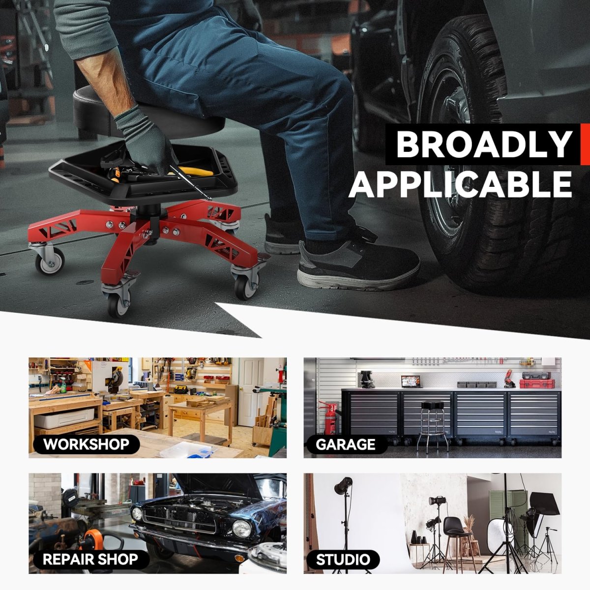 Rolling Mechanic Stool With Tool Storage Tray Height Adjustable 18 3 In To 23 5 Heavy Duty Padded Seat Roller Creeper For