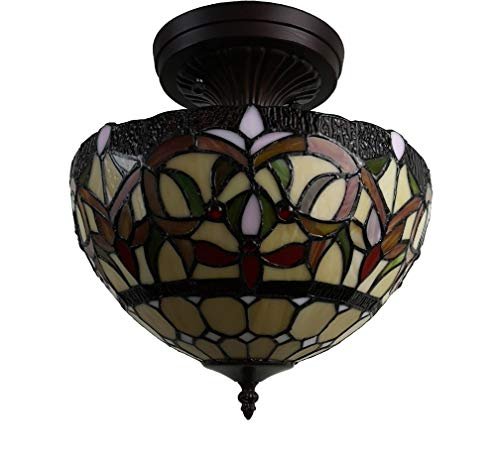 Amora Lighting Tiffany Style Hanging Pendant Lamp Semi Flush Ceiling Fixture Shade 12 Wide Stained Glass Red Green Orange