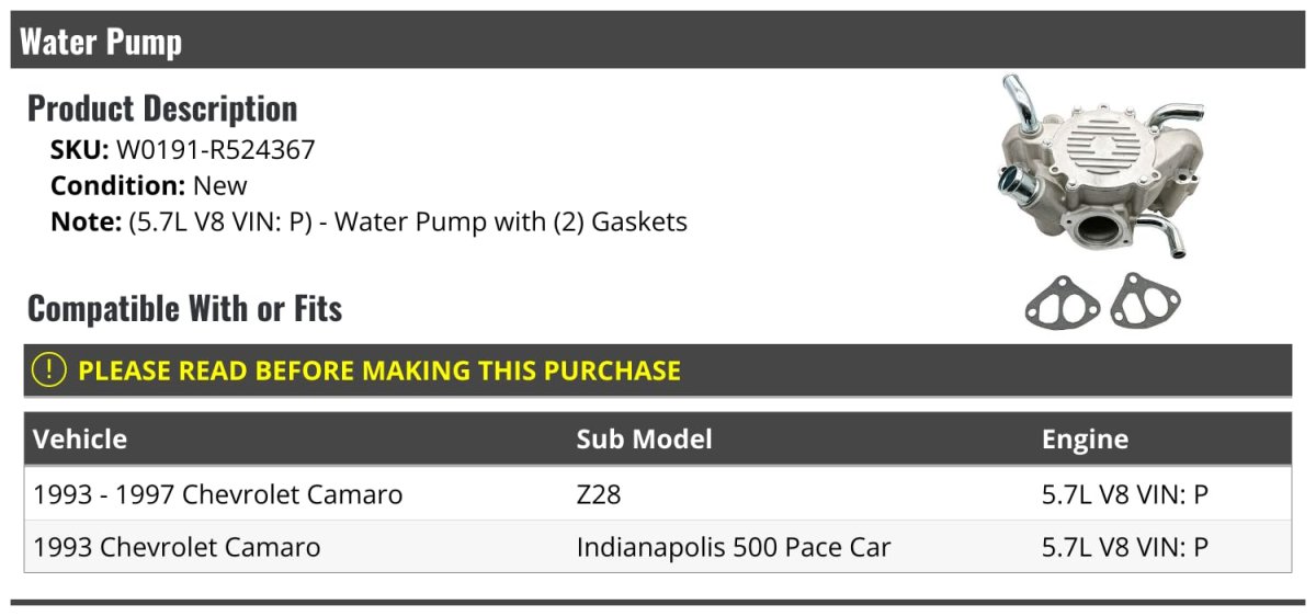Water Pump With Gaskets For 1993-1997 Chevy Camaro 5 7l V8 Vin P