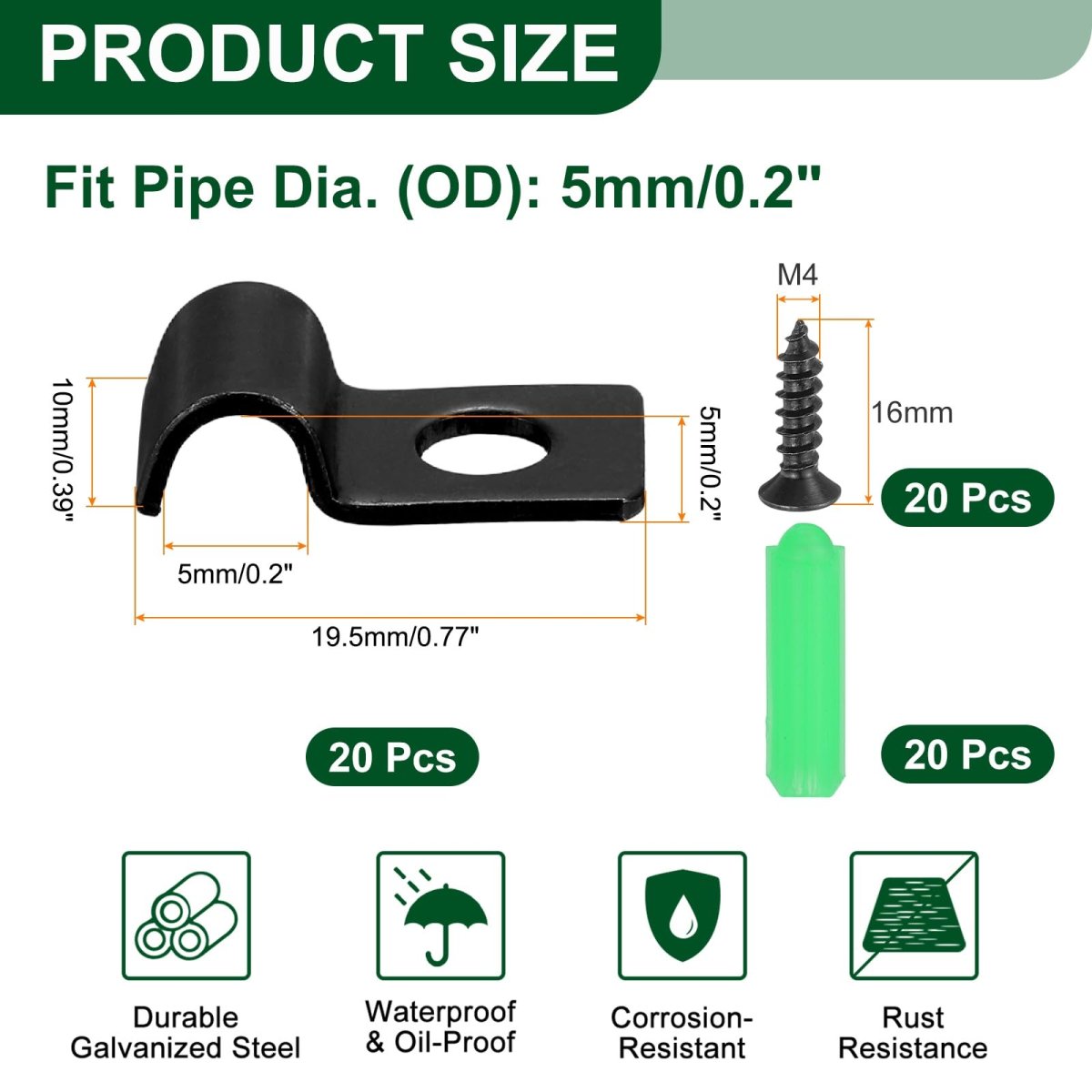 20pcs 5mm 3 16 One Hole Pipe Strap Rigid U Brackets Conduit Clamp Heavy Duty Carbon Steel Clip With Self-tapping Screws And
