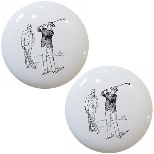 Set Of 2 Vintage Golf Golfing Ceramic Cabinet Drawer Knobs