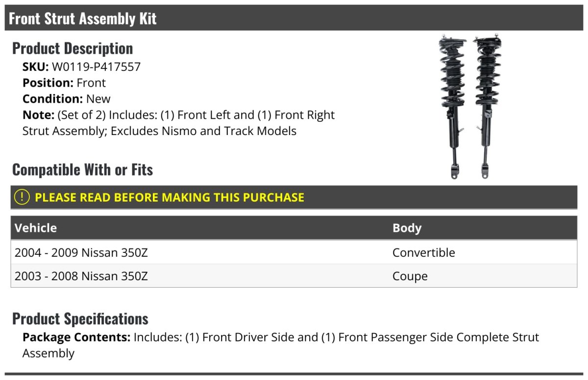 Front Strut And Coil Spring Assembly Kit 2 Piece For 2003 2009 Nissan 350z Fits Coupe Convertible Excludes Nismo Track Models
