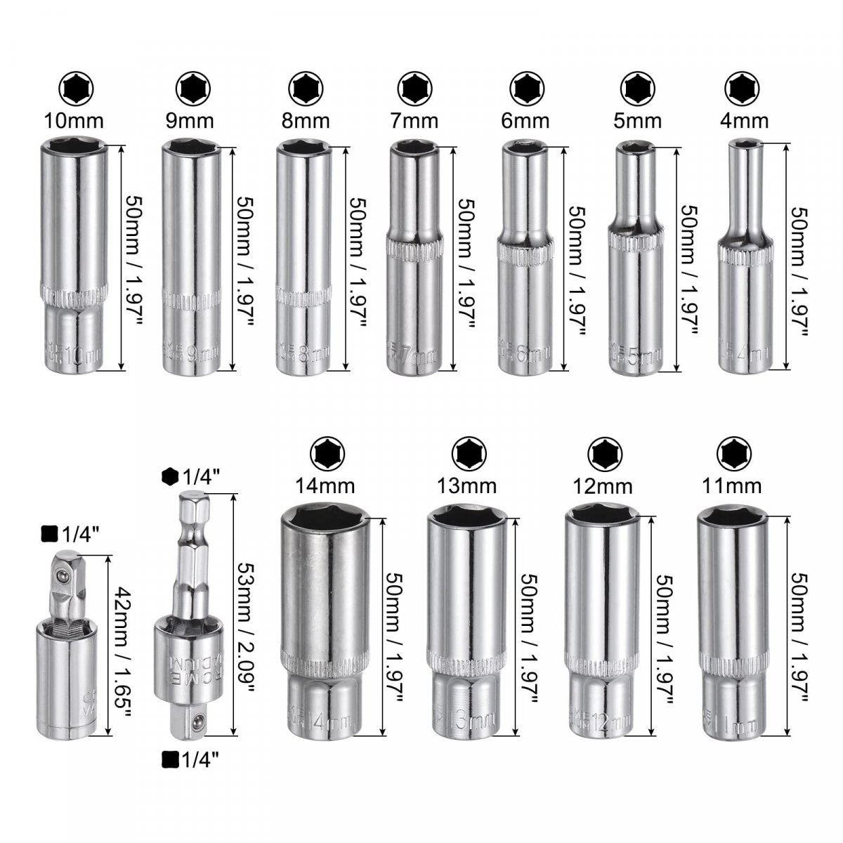 Socket Accessory Set 4-14mm Deep 360a Rotatable Hex Shank Impact Driver Adaptor Universal Joints With 1 4 Drive