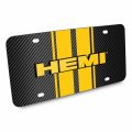 Ipick Image For Dodge Hemi 3d Logo In Yellow On Stripe Black Carbon Fiber Look Premium Stainless Steel License Plate Design And