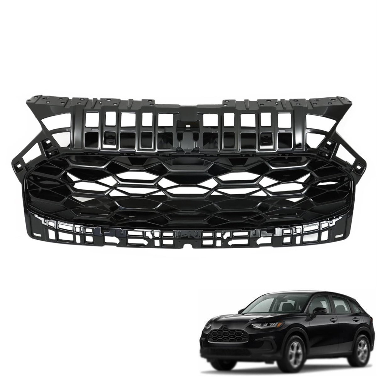 Front Upper Grille Bumper Hood Grill Honeycomb Gloosy Black Replacement For 2023 2024 Hrv