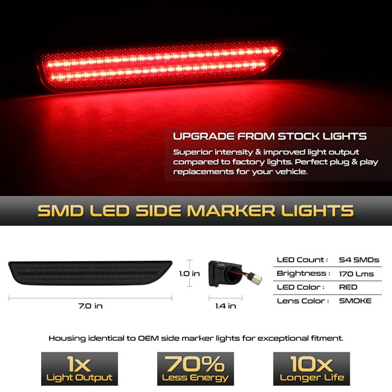 Smoke Lens Red Full Led Rear Side Marker Light Parking Lamp For 2010-2014 Ford Mustang S197 Driver Passenger