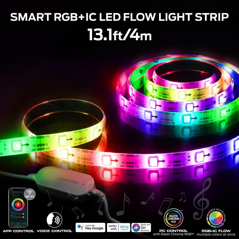 Monster 13 1ft Sound Reactive Multi-color Color Flow Led Light Strip Smart App Voice Control Xtreme Easy Assembly