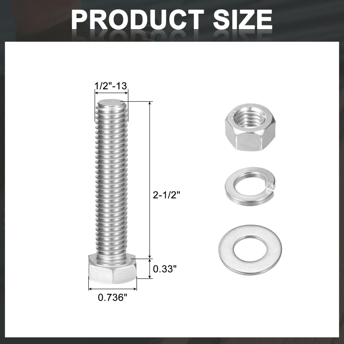 5set Hex Head Screw Bolt 1 2-13 X 2-1 2 304 Stainless Steel Fully Threaded With Nuts Flat Lock Washers Silver