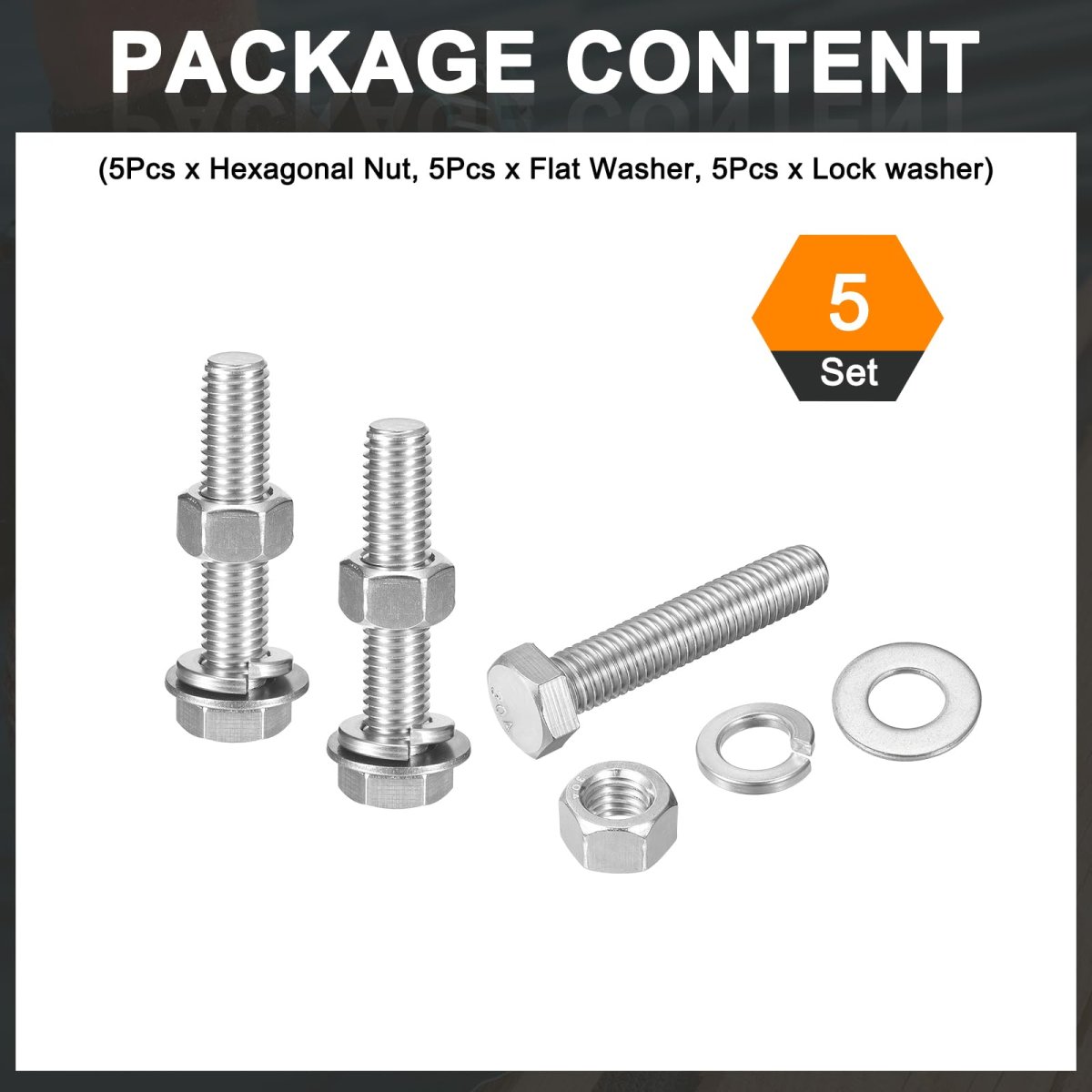 5set Hex Head Screw Bolt 1 2-13 X 2-1 2 304 Stainless Steel Fully Threaded With Nuts Flat Lock Washers Silver