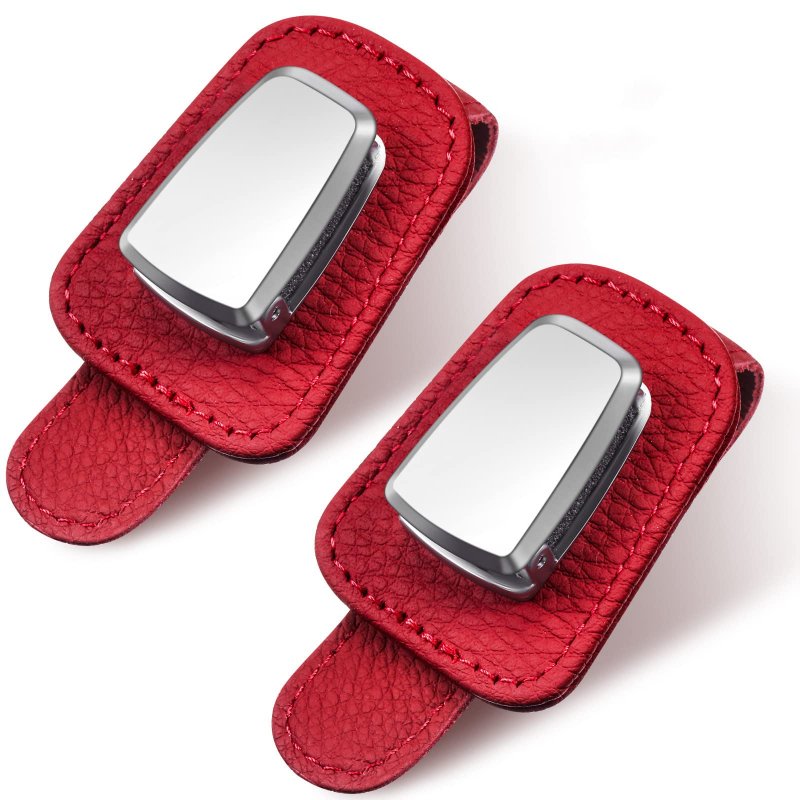 2 Packs Car Glasses Holder Universal Visor Sunglasses Clip Leather Eyeglasses Hanger And Ticketd Mount For Car Red