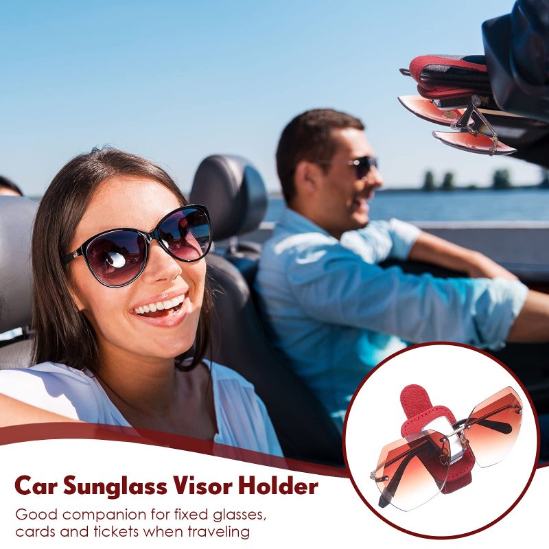 2 Packs Car Glasses Holder Universal Visor Sunglasses Clip Leather Eyeglasses Hanger And Ticketd Mount For Car Red