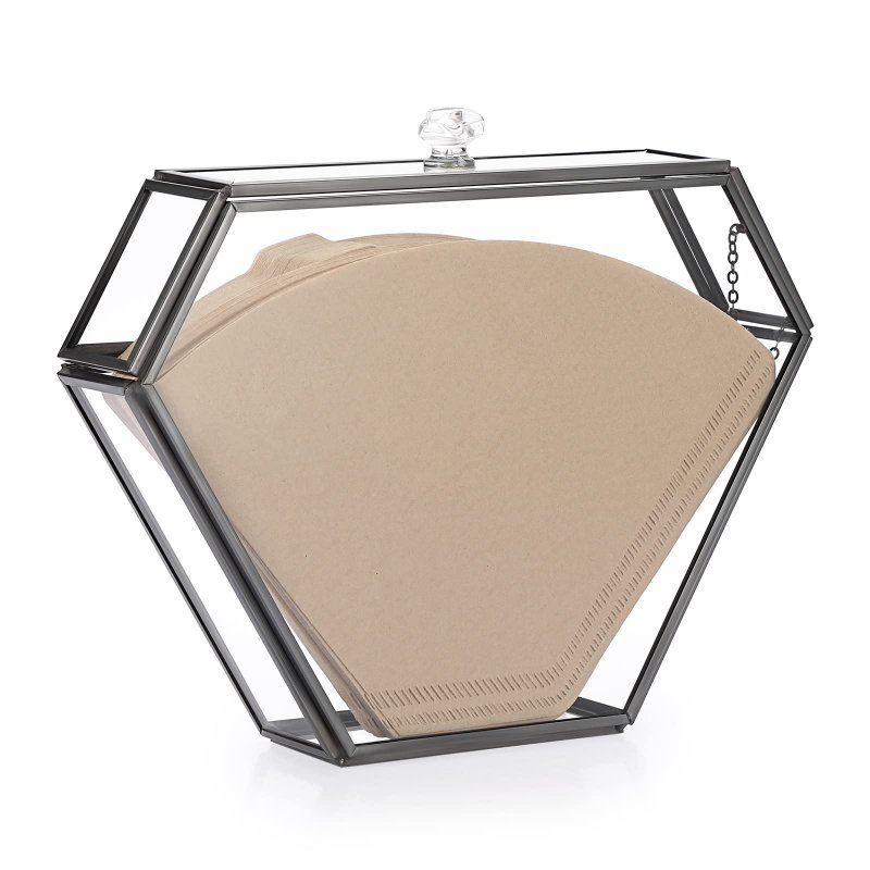 Elldoo Black Glass Coffee Filter Holder Paper Storage Container Dispenser Rack With Dustproof Cover