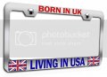 Born In Uk Living Usa British England Chrome Metal License Plate Frame Universal Fit Heavy Duty Steel Tag Holder For Cars 