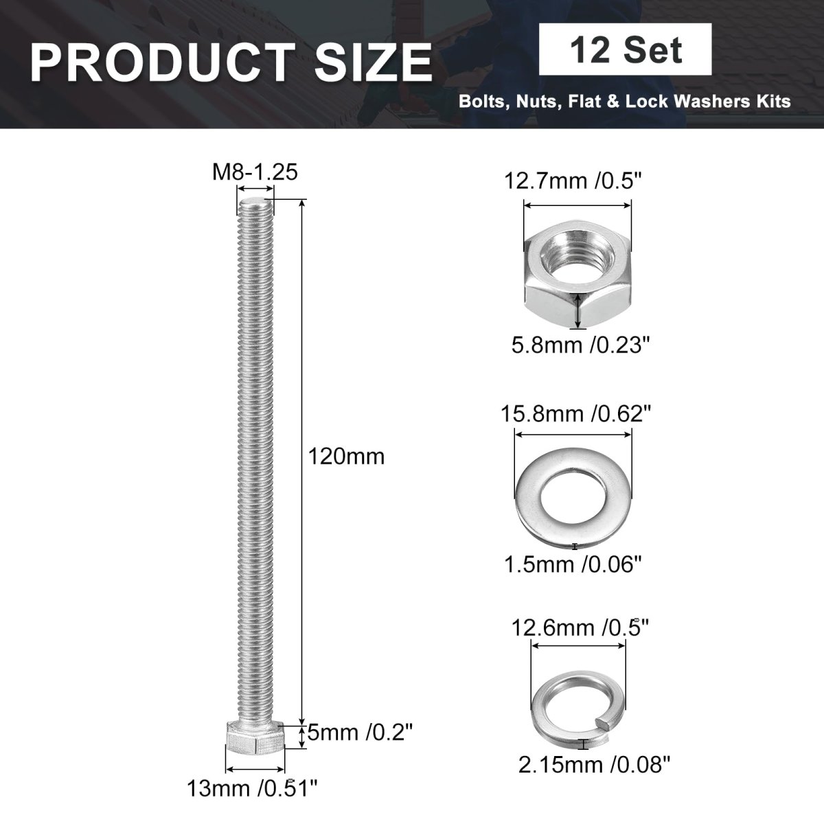 M8 X 120mm Hex Head Screws Bolts Nuts Flat Lock Washers Kits 304 Stainless Steel Fully Thread Hexagon 12 Sets