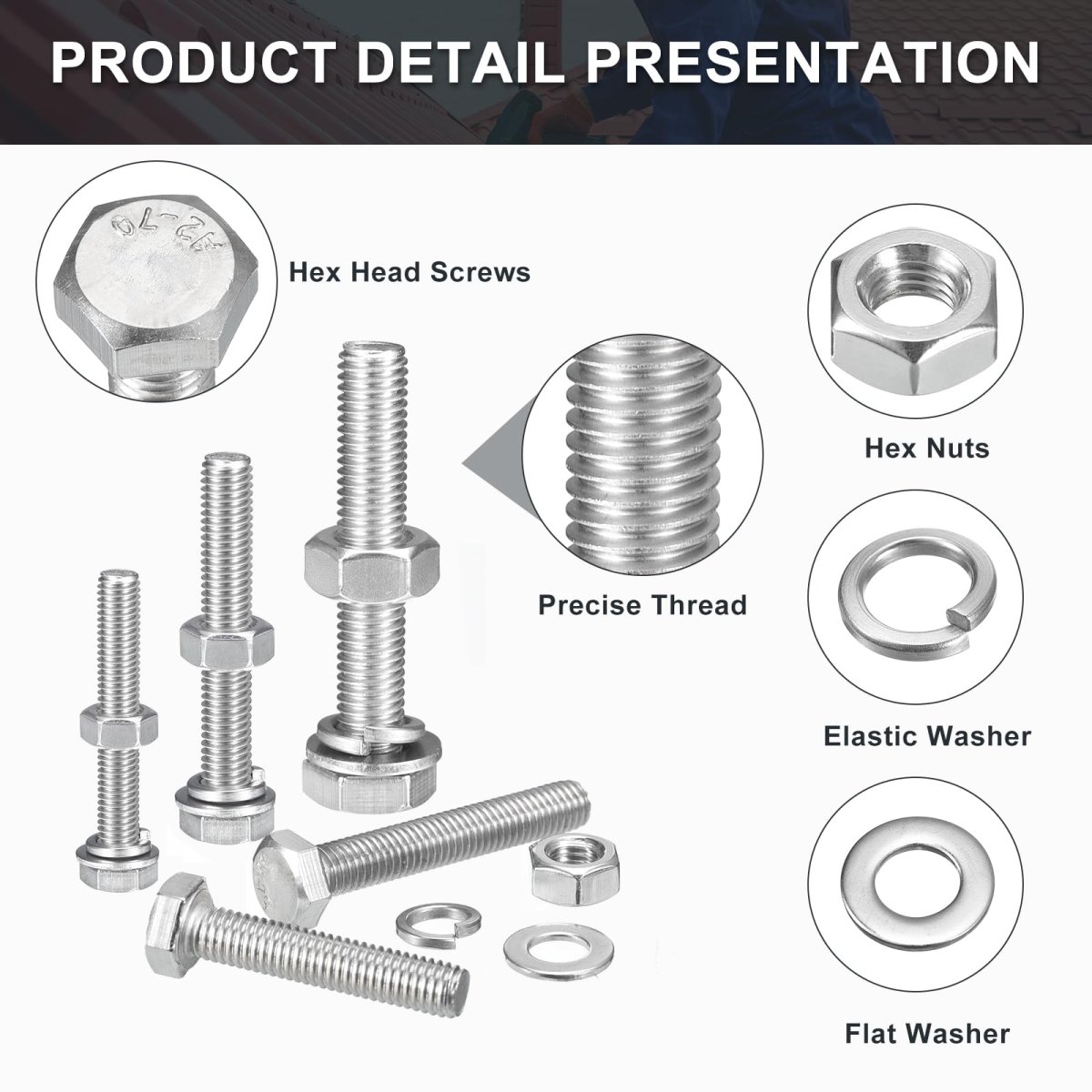 M8 X 120mm Hex Head Screws Bolts Nuts Flat Lock Washers Kits 304 Stainless Steel Fully Thread Hexagon 12 Sets