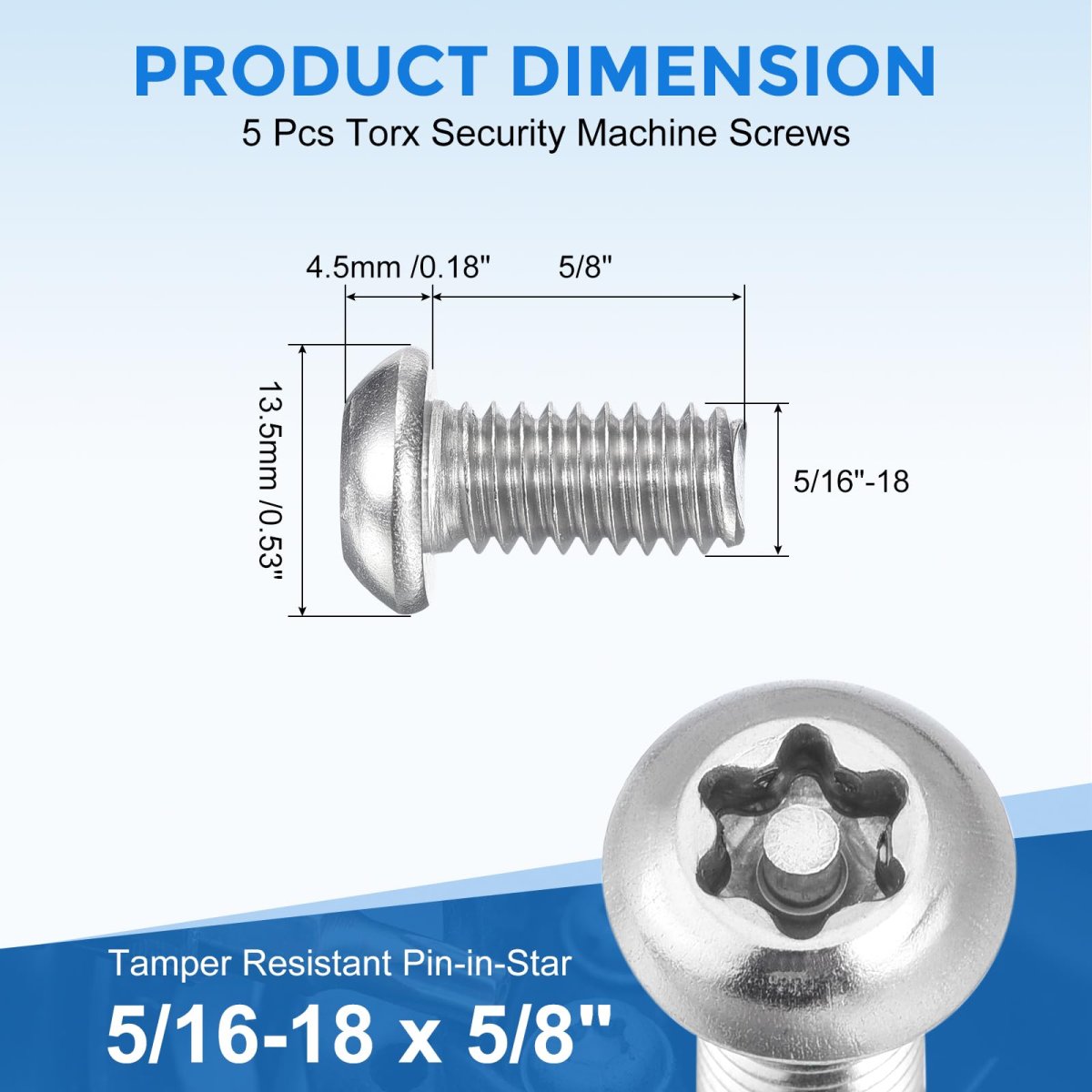 5pcs Torx Security Machine Screws 16-18 X 5 8 304 Stainless Steel Tamper Resistant Button Head Bolt Full Thread For Anti-theft