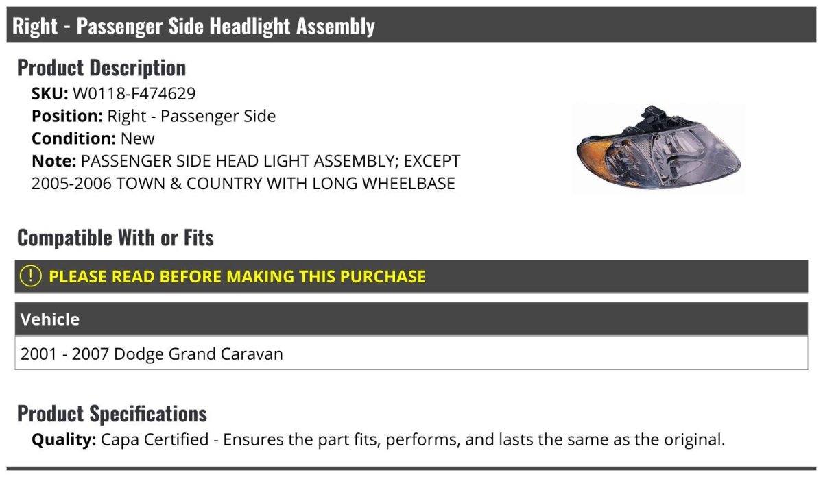 Right Passenger Side Headlight Assembly For 2001-2007 Dodge Grand Caravan Except 2005-2006 Town And Country With Long Wheelbase