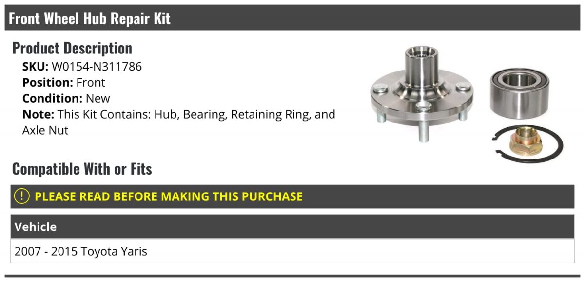 Front Wheel Hub And Bering Repair Kit For 2007-2015 Toyota Yaris