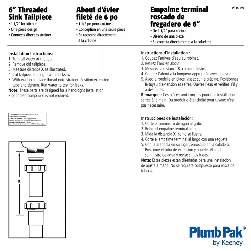 Plumb Pak Pp15-6w Sink Strainer Tailpiece With 1-1 2 In Dia X 6 L Threaded Plastic