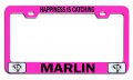 Happiness Is Catching Marlin Fishing Pink Metal License Plate Frame Heavy Duty Steel Tag Holder For Us And Canada Vehicles 12 5 