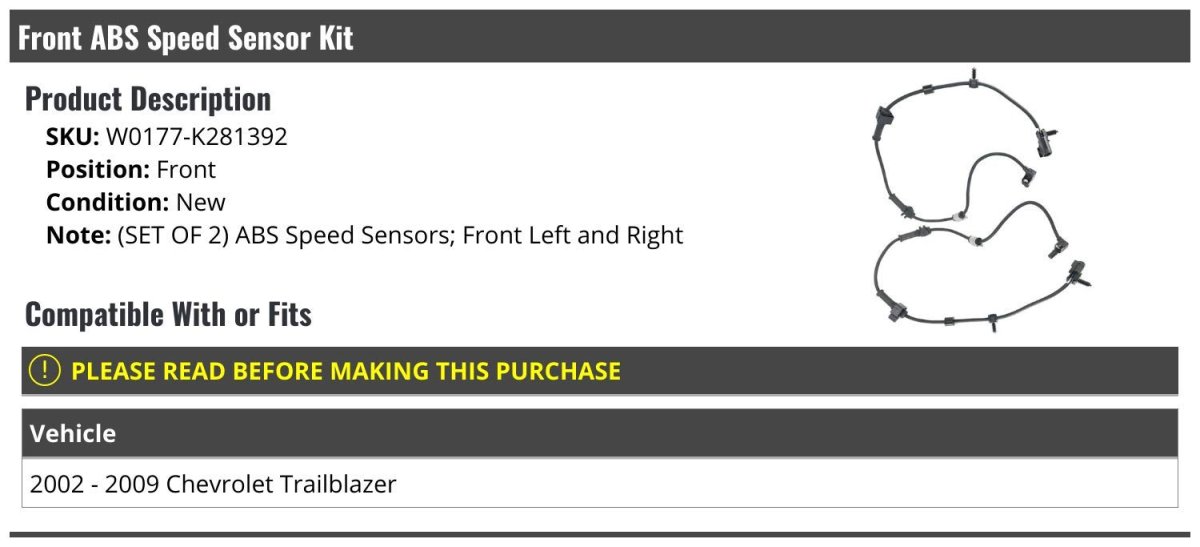 Front Abs Speed Sensor Kit Left And Right For 2002 To 2009 Chevy Trailblazer W0177-k281392