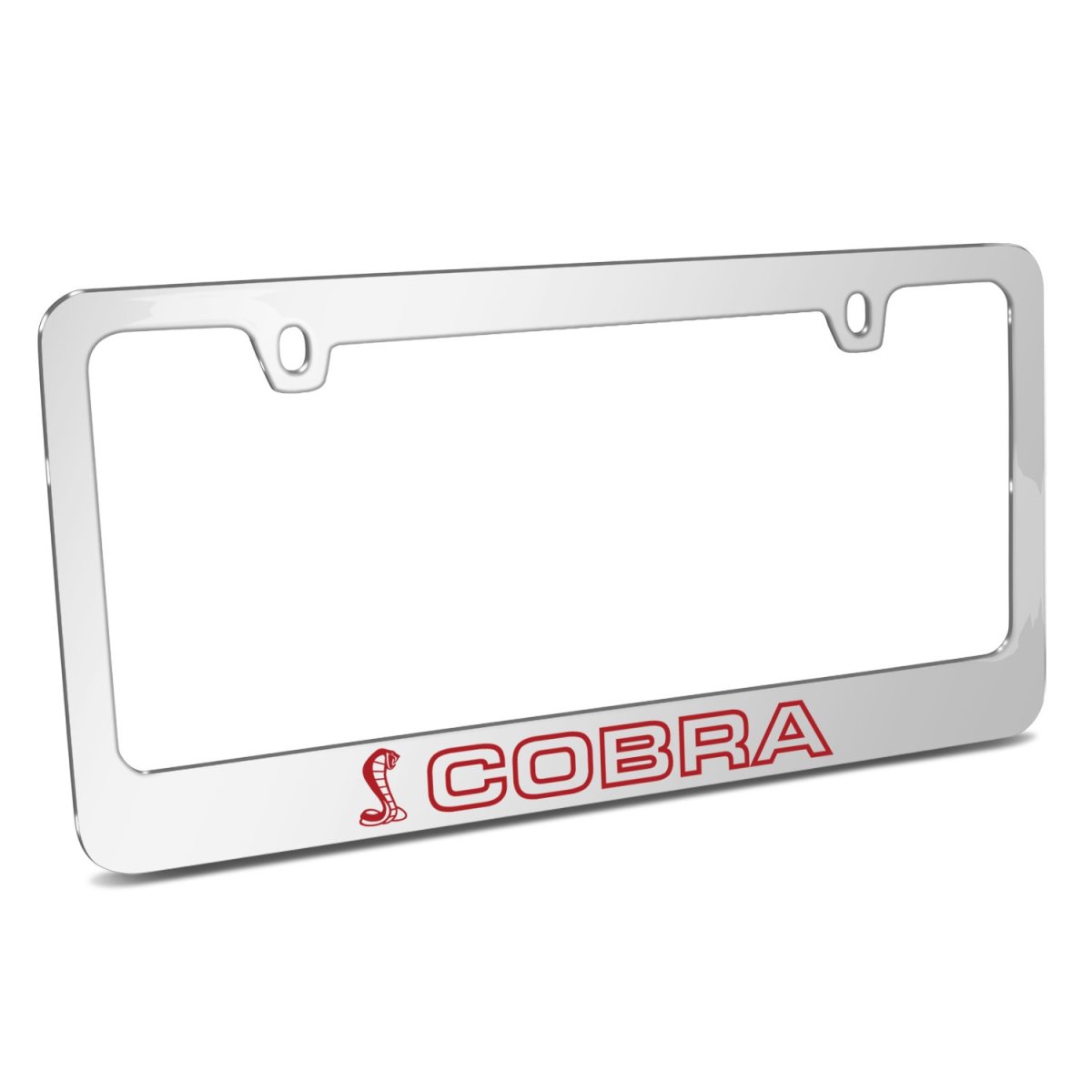 Ford Mustang Cobra Outline In Red Mirror Chrome Metal License Plate Frame