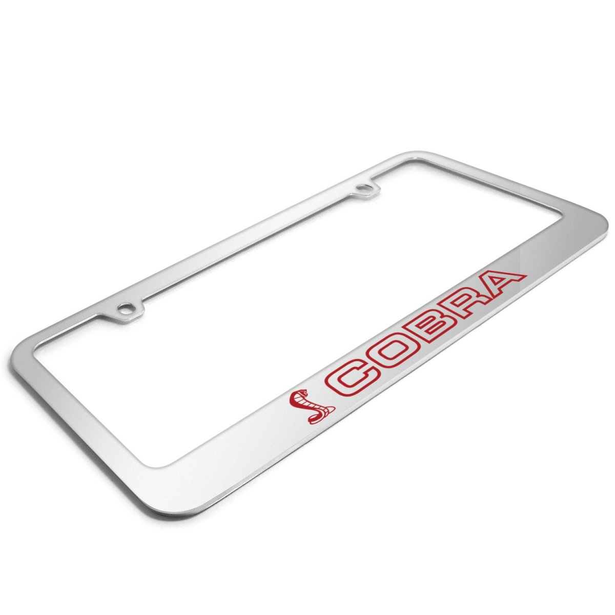 Ford Mustang Cobra Outline In Red Mirror Chrome Metal License Plate Frame