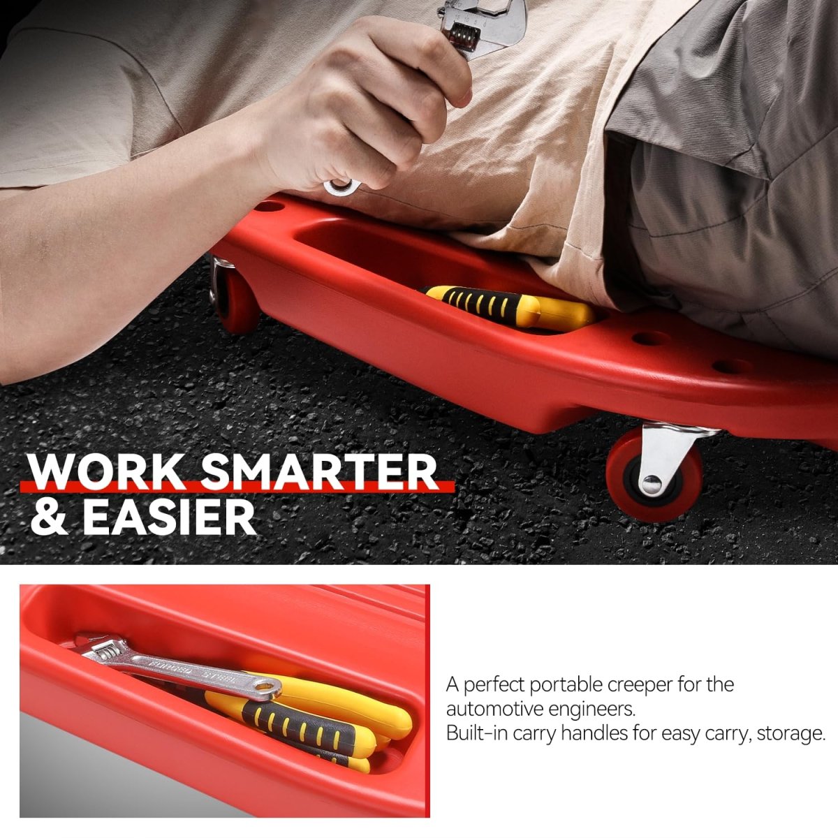 Low Profile Under Car Rolling Mechanic Creeper 38 In Red Plastic Seat With Dual Tool Trays And 6 Swivel Casters For Garage