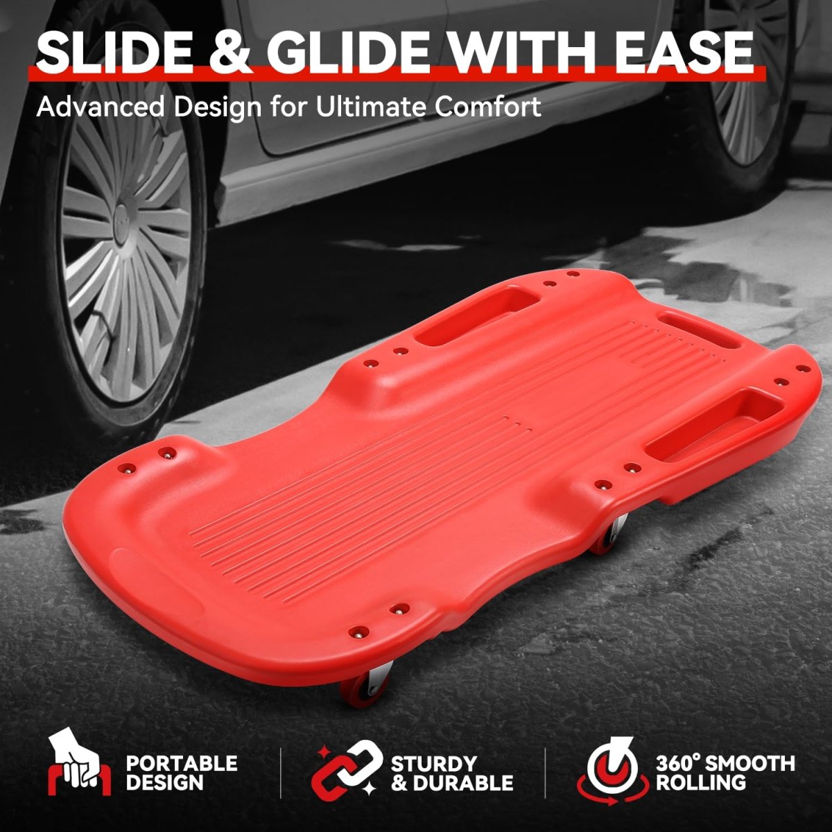 Low Profile Under Car Rolling Mechanic Creeper 38 In Red Plastic Seat With Dual Tool Trays And 6 Swivel Casters For Garage