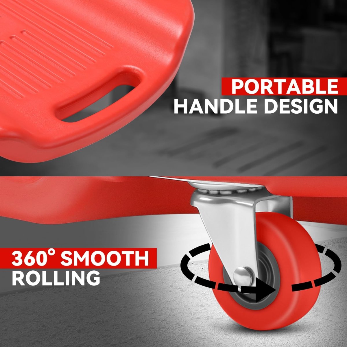 Low Profile Under Car Rolling Mechanic Creeper 38 In Red Plastic Seat With Dual Tool Trays And 6 Swivel Casters For Garage