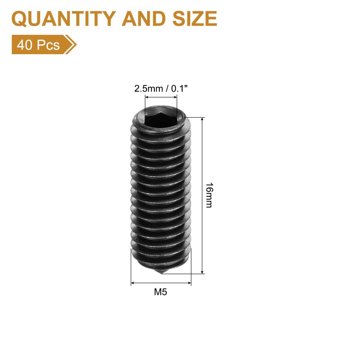 40pcs Set Screws M5x16mm Carbon Steel Cone Point Hex Socket Grub For Machinery Home Repairs And Fixtures Black