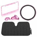 Pink Diamond Crystal Bling Steering Wheel Cover Set With Rhinestone License Plate Frame And Black Windshield Sunshade Universal 