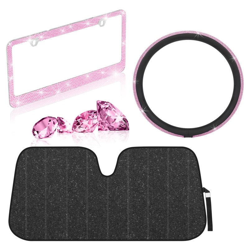 Pink Diamond Crystal Bling Steering Wheel Cover Set With Rhinestone License Plate Frame And Black Windshield Sunshade Universal